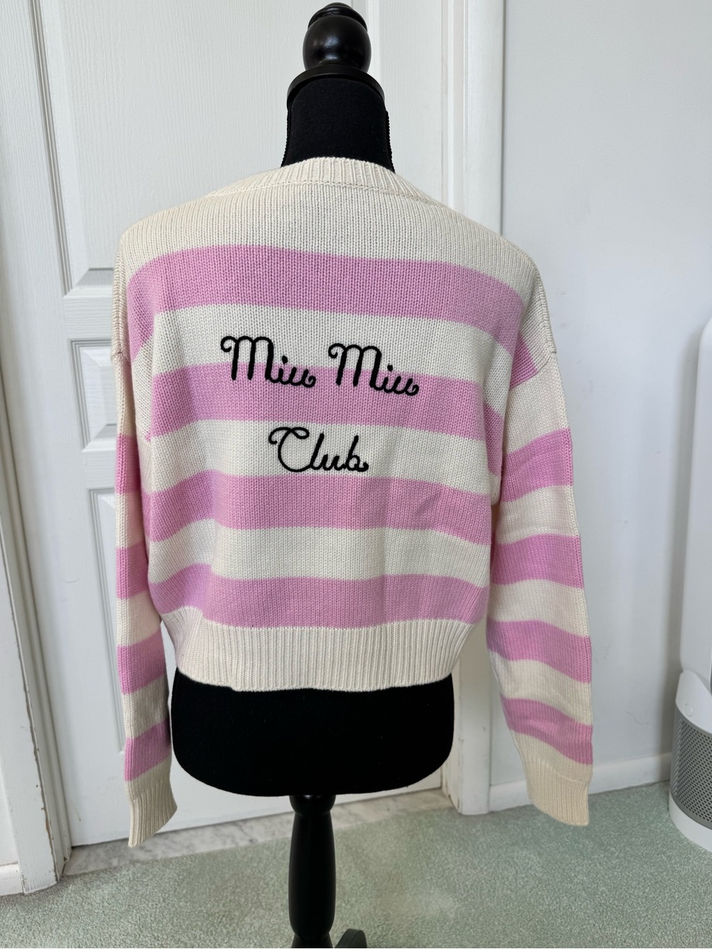 Miu Miu Pink and Cream Striped Embroidered Crewneck Sweater